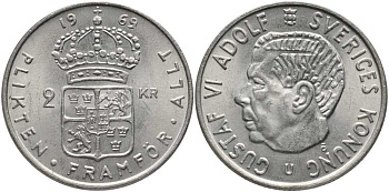 Швеция 2 кроны 1969 U, Густав VI Адольф (1950-1973) КМ 827а медно-никель 180-641