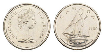 Канада 10 центов 1980 Елизавета II (1952-2022), парусник KM 77 никель UNC 4639-643