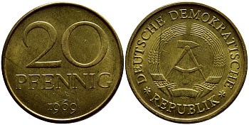 ГДР 20 пфеннигов 1969 А, первый год KM 11 латунь UNC 4398-813