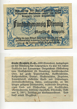 КРАППИЦ (КРАПКОВИЦЕ ПОЛЬША) 25 ПФЕННИГОВ 1921 НОТГЕЛЬД Grabowski K49.2 бумага 6317-32-2-1