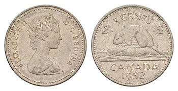 Канада 5 центов 1982 Елизавета II (1952-2022), бобр KM 60.2a медно-никель 4630-731