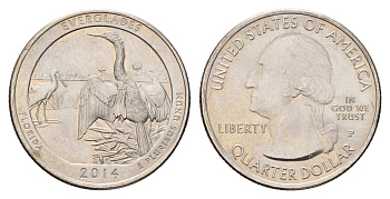 США 25 центов (квотер, 1/4 доллара) 2014 P, «Парки США» - Национальный парк Эверглейдс KM 570 медь плакированный медно-никелем UNC 4666-1043