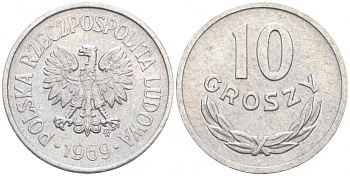 ПОЛЬША 10 ГРОШЕЙ 1969 MW KM АА47 алюминий UNC 99-828