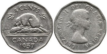 КАНАДА 5 ЦЕНТОВ 1957 ЕЛИЗАВЕТА II (1952-), БОБР, ПЕРВЫЙ ПОРТРЕТ KM 50а никель 4543-611