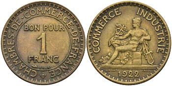 Франция 1 франк 1922 KM 876, Le Franc 218.5 алюминиевая бронза 4142-622