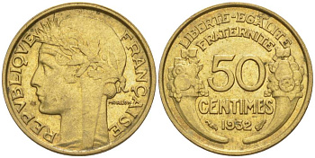 ФРАНЦИЯ 50 САНТИМОВ 1932 ТИП MORLON, OPEN 9, С ЯГОДОЙ KM 894.1, LE FRANC 192.7 алюминиевая бронза 44-668