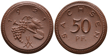 Саксония 50 пфеннигов 1921 виноград и лопата J. N 54 фарфор UNC 1094-8-42