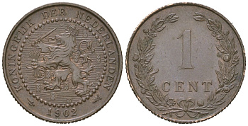 Нидерланды 1 цент 1902 Вильгельмина (1890-1948) KM 132 бронза 4154-768