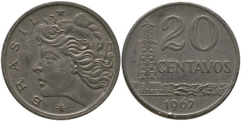 Бразилия 20 сентаво 1967 голова Свободы влево KM 579.1, Schon 84 медно-никель 4577-552