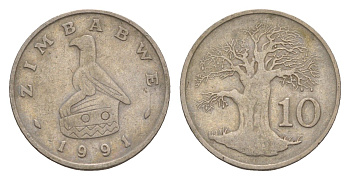 Зимбабве 10 центов 1991 птица-идол, баобаб KM 3 медно-никель 4655-753