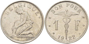 Бельгия 1 франк 1922 Belgique, Альберт I (1910-1934) KM 89 никель 4546-223