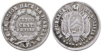 Боливия 5 сентаво 1872 F.E., с отверстием KM 156.3 серебро    220-327