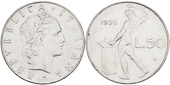 Италия 50 лир 1956 R, бог огня Вулкан у наковальни KM 95.1 нержавеющая сталь 4116-344