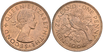 Новая Зеландия 1 пенс 1964 Елизавета II (1952-2022), новозеландский туи KM 24.2 бронза  aUNC  4367-846