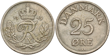 Дания 25 эре 1949 N; S, Фредерик IX (1947-1972) KM 842.1 медно-никель    4601-847