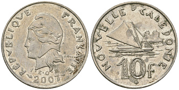 Французская Новая Каледония 10 франков 2007 рыбачья парусная лодка, (IEOM) KM 11a, Schoen 13a, Lec 99k медно-никель 57-444
