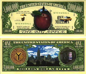 США 1000000 ДОЛЛАРОВ 2002 СУВЕНИРНАЯ БАНКНОТА, ГОРОД НЬЮ-ЙОРК БОЛЬШОЕ ЯБЛОКО, ЖЁЛТОЕ ТАКСИ, ХОТ ДОГИ, НЬЮ-ЙОРКСКОЕ МЕТРО бумага UNC (ПРЕСС) 7198-43-2-1