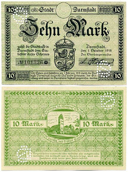 Германия, Дармштадт 10 марок 1918 - 1919 1 октября 1918 - 1 Февраля 1919, нотгельд, земля Гессен, водяной знак перепечатка, № номер снежинка, с перфорацией Geiger 092.03  бумага  аUNC  8613-32-2-2