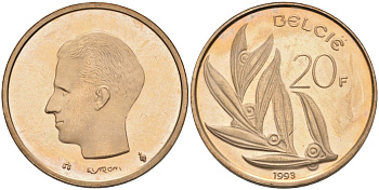 Бельгия 20 франков 1993 Belgie KM 160 никель бронза UNC 189-1014