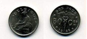 БЕЛЬГИЯ 50 САНТИМОВ 1923 BELGIQUE KM 87 никель 46-231