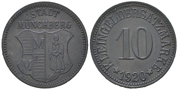 Мюнхберг (Бавария) 10 пфенингов 1920 Funck?346.8, Men18?21547.9 цинк 99-162