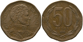 Чили 50 песо 1999 So KM 219.2, Schon 70 алюминиевая бронза 4544-321