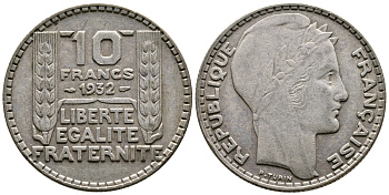 Франция 10 франков 1932 Пьер Тюрен KM 878, Le Franc 360.5 серебро 4683-1041