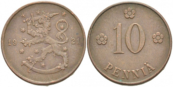 Финляндия 10 пенни 1921 республика (1918-1962) KM 24 медь 4541-151