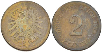 ГЕРМАНИЯ 2 ПФЕННИГА 1874 F, СТАРОГЕРБОВКА KM 2, J. 2, Weege 3 медь 212-442