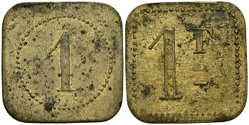 Франция 1 франк XIX-XX век ресторанный жетон латунь 4166-921