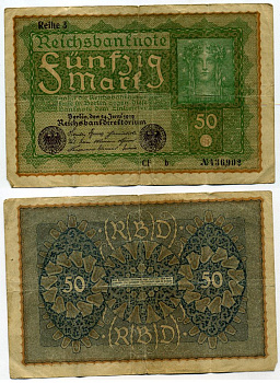 Германия 50 марок 1919 24 июня 1919, REIHE 3, серия АК, выпуск ФЕВРАЛЬ 1920 года Pick 66, Rosenberg 62с бумага 7551-8-2-2