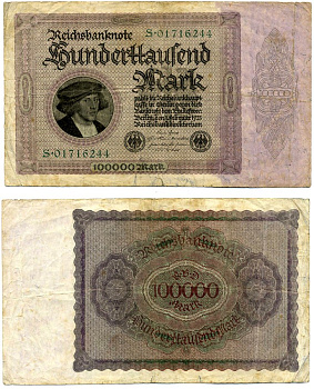 Германия 100000 марок 1923 1 февраля 1923, выпуск (март 1923-5 июля 1925), номер восьмизначный, серия S 01716244 Pick 83, Роземберг 82а бумага 8592-27-2-1