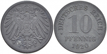 ГЕРМАНИЯ 10 ПФЕННИГОВ 1920 KM 26, J. 299 цинк 3996-626