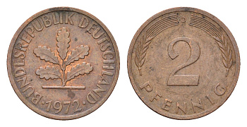 ФРГ 2 пфеннига 1972 D KM 106a, J. 381a сталь плакированная медью 4669-1241