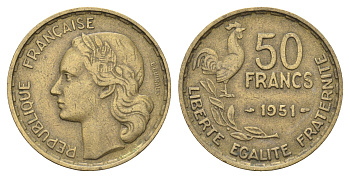 Франция 50 франков 1951  KM 918.1 алюминиевая бронза    4660-321