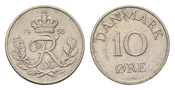 Дания 10 эре 1953 N; S, Фредерик IX (1947-1972) KM 841 медно-никель 4617-1011