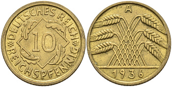 Германия 10 рейхспфеннигов 1936 A KM 40, J.317, Weege 9 алюминиевая бронза 4584-536