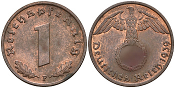 Германия 1 рейхспфенниг 1939 F KM 89, J. 361 бронза 4147-1219