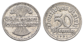 Германия 50 пфеннигов 1921 G KM 27, J. 301 алюминий 4638-1016