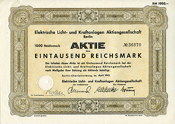 Германия 1000 рейхсмарок 1943 АО Электрические осветительные и энергетические установки, Берлин, акция   бумага   8804-76-1