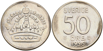 Швеция 50 эре 1956 TS, Густав VI Адольф (1950-1973) KM 825 серебро UNC 4364-3424