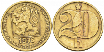 ЧЕХОСЛОВАКИЯ 20 ГЕЛЛЕРОВ 1976 KM 74 латунь 3309-661
