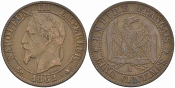 ФРАНЦИЯ 5 САНТИМОВ 1862 A, НАПОЛЕОН III (1852-1870) KM 797.1, LE FRANC 117.5 бронза 108-532