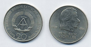 ГДР 20 марок 1972 А, Фридрих Шиллер (1759-1805) KM 40 медно-никель 37-1145