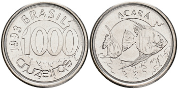 Бразилия 1000 крузейро 1993 реформа 1990-1993, рыбка Акара KM 626 нержавеющая сталь UNC 4556-257