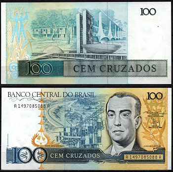 Бразилия 100 крузейро ND (1986-1988) Жуселино Кубичек, старая и новая Бразилиа (Национальный конгресс) Pick 211 b бумага UNC (пресс) 6299-19-2-1