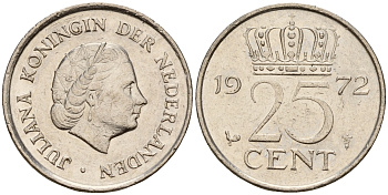 Нидерланды 25 центов 1972 Юлиана (1948-1980) KM 183 никель    4598-464