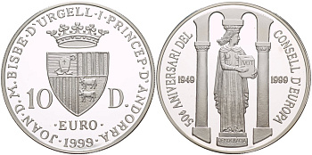 Андорра 10 динеров 1999 50 лет совету Европы, статуя демократии KM 153 серебро PROOF 1088-9-33