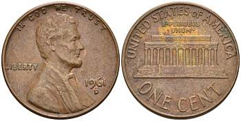 США 1 цент 1961 D, Авраам Линкольн KM 201 медь цинк 4115-827