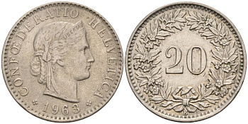 Швейцария 20 раппенов 1963 В KM 29а медно-никель 4592-916